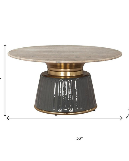 33" Beige and Black Genuine Marble and Wood Round Pedestal Coffee Table