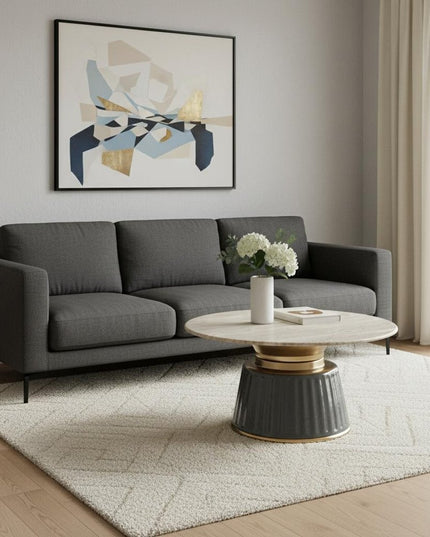 33" Beige and Black Genuine Marble and Wood Round Pedestal Coffee Table