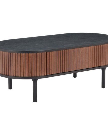 47" Black Wood Oval Pedestal Coffee Table With Drawer