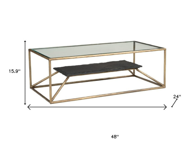 48" Brass Glass and Iron Pedestal Coffee Table