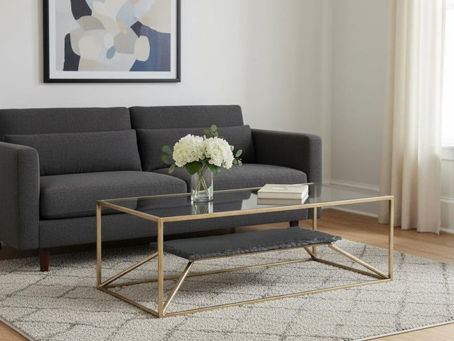 48" Brass Glass and Iron Pedestal Coffee Table