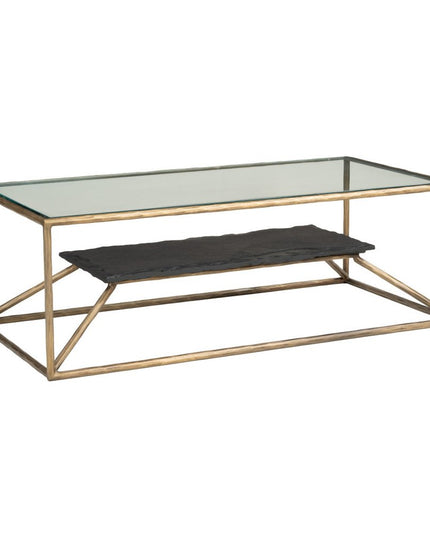 48" Brass Glass and Iron Pedestal Coffee Table