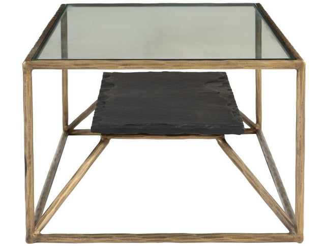 48" Brass Glass and Iron Pedestal Coffee Table