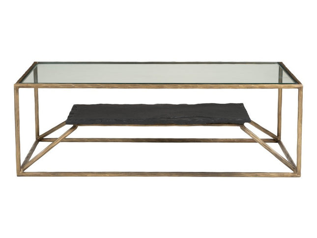 48" Brass Glass and Iron Pedestal Coffee Table