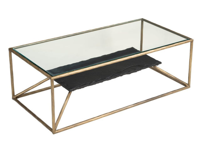 48" Brass Glass and Iron Pedestal Coffee Table