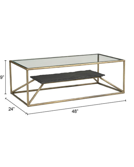 48" Brass Glass and Iron Pedestal Coffee Table