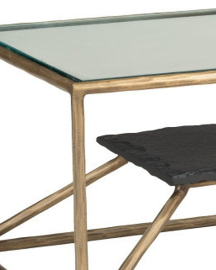 48" Brass Glass and Iron Pedestal Coffee Table