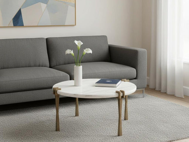 33" White Genuine Marble and Iron Round Pedestal Coffee Table