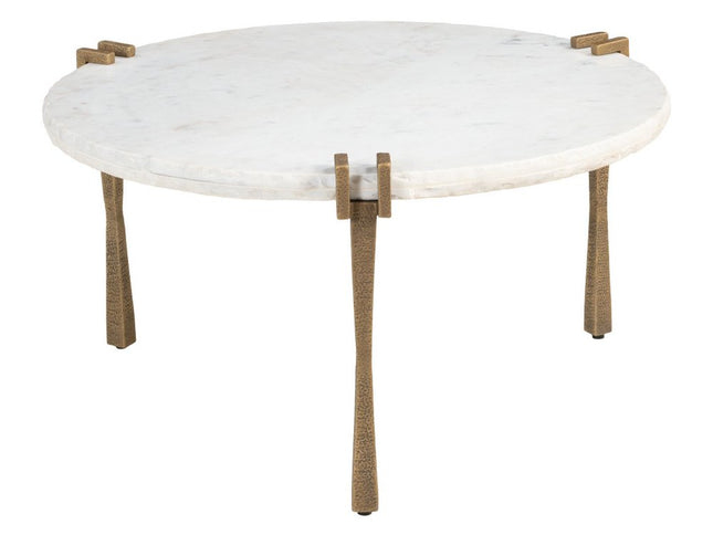 33" White Genuine Marble and Iron Round Pedestal Coffee Table