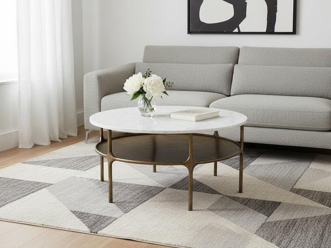 35" White Genuine Marble and Iron Round Pedestal Coffee Table