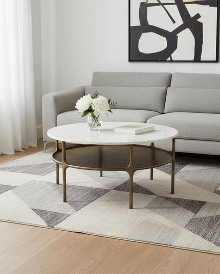 35" White Genuine Marble and Iron Round Pedestal Coffee Table