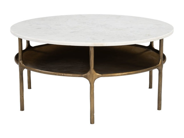 35" White Genuine Marble and Iron Round Pedestal Coffee Table
