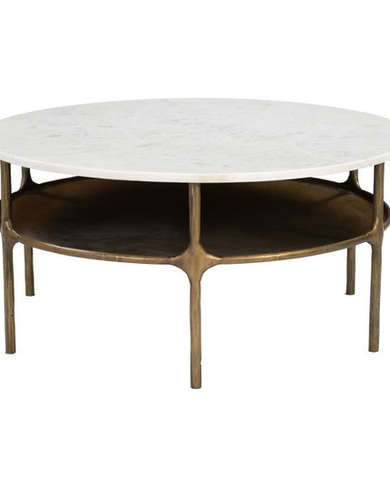 35" White Genuine Marble and Iron Round Pedestal Coffee Table