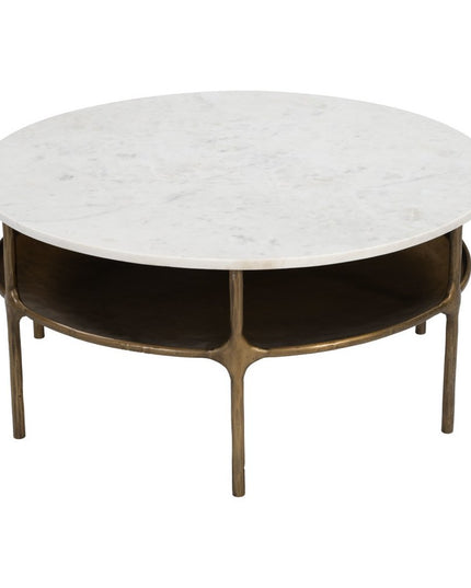 35" White Genuine Marble and Iron Round Pedestal Coffee Table