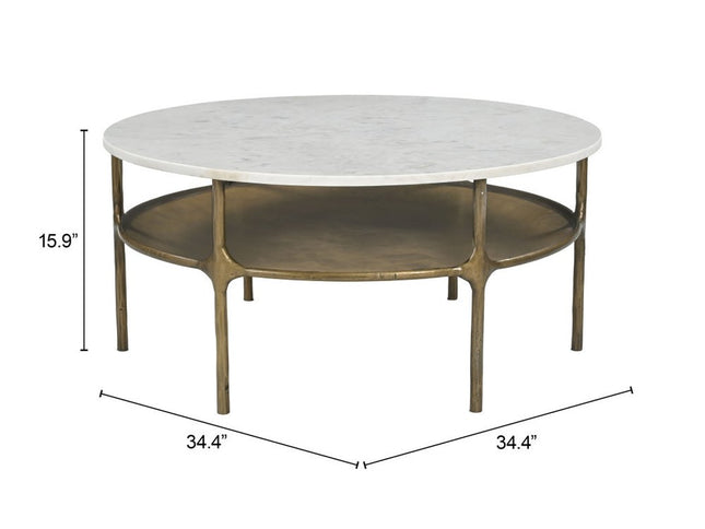 35" White Genuine Marble and Iron Round Pedestal Coffee Table