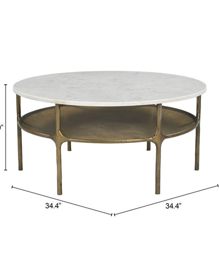 35" White Genuine Marble and Iron Round Pedestal Coffee Table