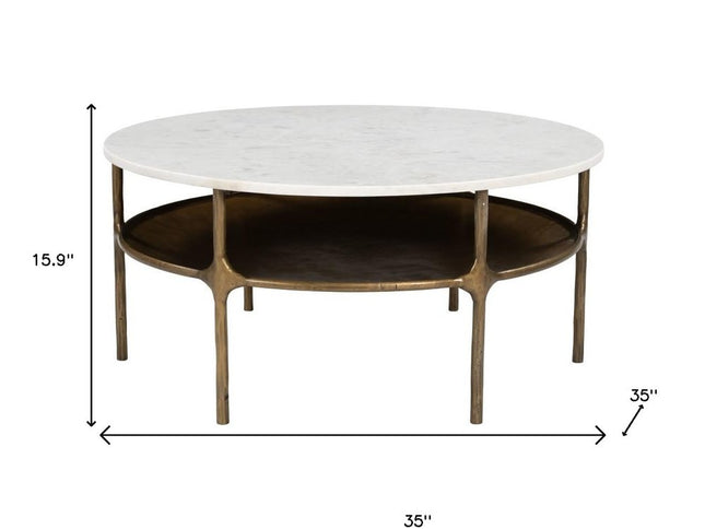 35" White Genuine Marble and Iron Round Pedestal Coffee Table