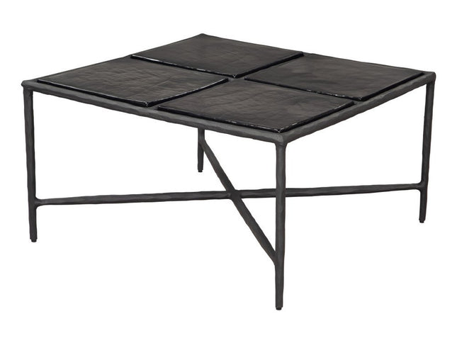 32" Black Glass and Aluminum Square Pedestal Coffee Table