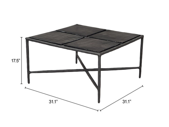 32" Black Glass and Aluminum Square Pedestal Coffee Table