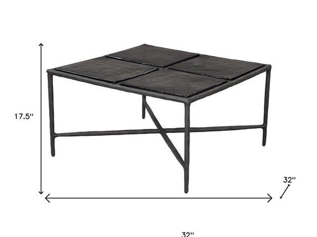 32" Black Glass and Aluminum Square Pedestal Coffee Table