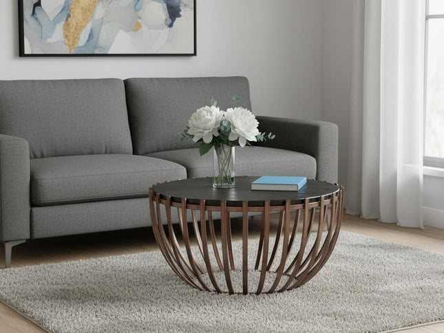 34" Bronze Glass and Iron Round Pedestal Coffee Table