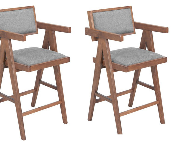 Set of Two Gray Solid Wood and Fabric Low Back Bar Chairs