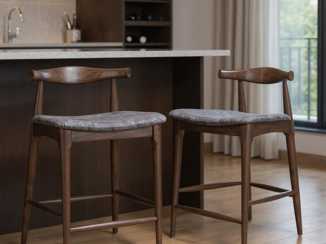 Set of Two Gray Solid Wood and Fabric Low Back Bar Chairs