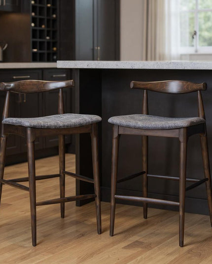 Set of Two Gray Solid Wood and Fabric Low Back Bar Chairs