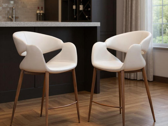 Set of Two Beige Wood and Fabric Low Back Bar Chairs