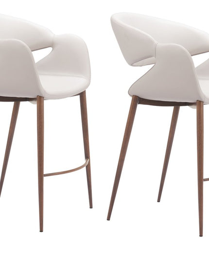 Set of Two Beige Wood and Fabric Low Back Bar Chairs