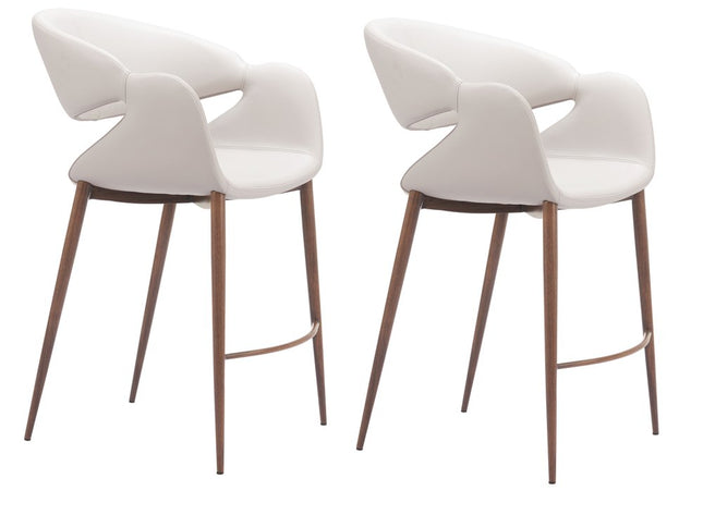 Set of Two Beige Wood and Fabric Low Back Bar Chairs