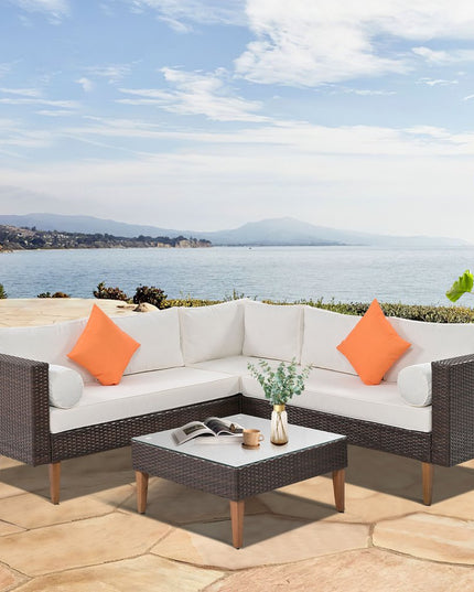 Two Piece Outdoor Beige Wicker Sectional Seating Group with Beige Cushions