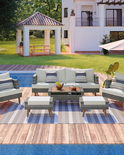 Four Piece Outdoor Gray Wicker Sofa Seating Group with Gray Cushions