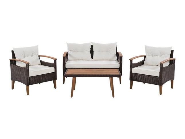 Three Piece Outdoor Beige Rattan Sofa Seating Group with Beige Cushions