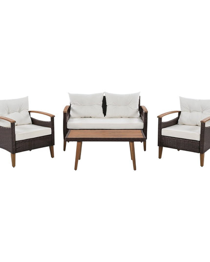 Three Piece Outdoor Beige Rattan Sofa Seating Group with Beige Cushions