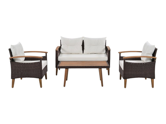 Three Piece Outdoor Beige Rattan Sofa Seating Group with Beige Cushions