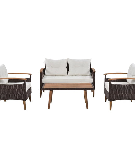 Three Piece Outdoor Beige Rattan Sofa Seating Group with Beige Cushions