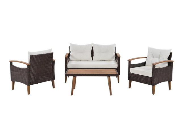 Three Piece Outdoor Beige Rattan Sofa Seating Group with Beige Cushions