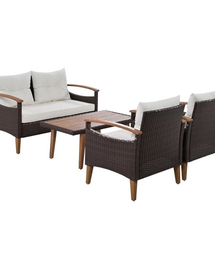 Three Piece Outdoor Beige Rattan Sofa Seating Group with Beige Cushions