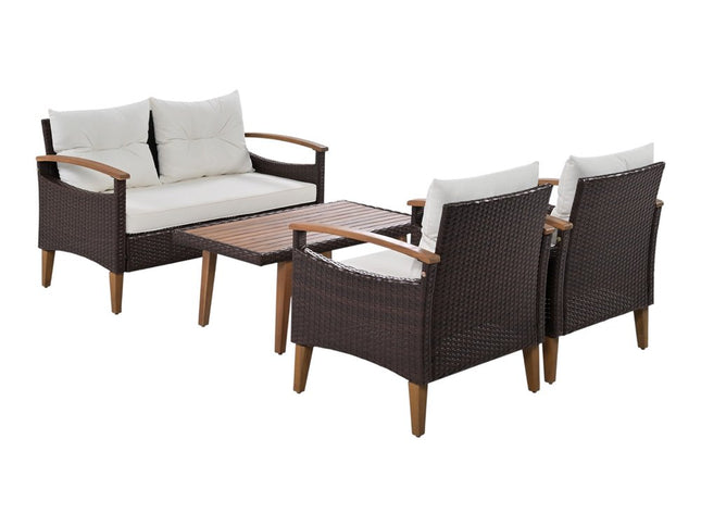 Three Piece Outdoor Beige Rattan Sofa Seating Group with Beige Cushions