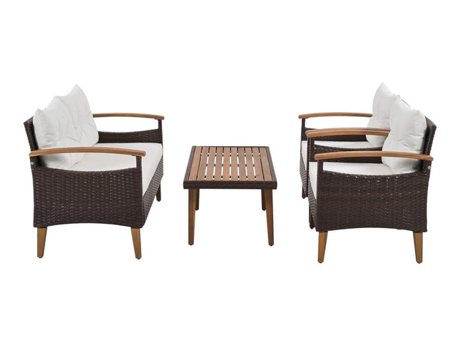 Three Piece Outdoor Beige Rattan Sofa Seating Group with Beige Cushions