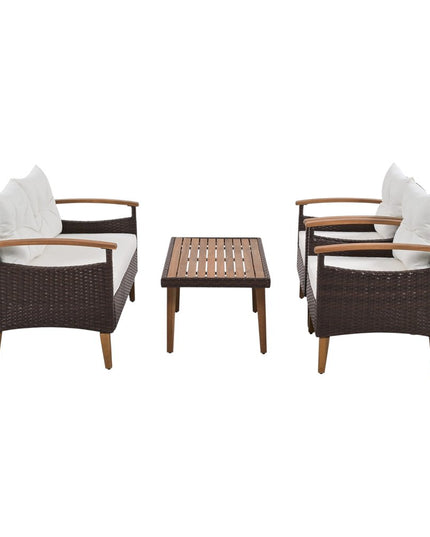 Three Piece Outdoor Beige Rattan Sofa Seating Group with Beige Cushions