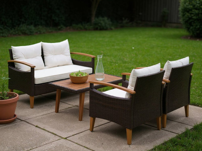 Three Piece Outdoor Beige Rattan Sofa Seating Group with Beige Cushions