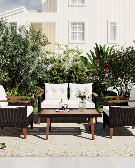 Three Piece Outdoor Beige Rattan Sofa Seating Group with Beige Cushions