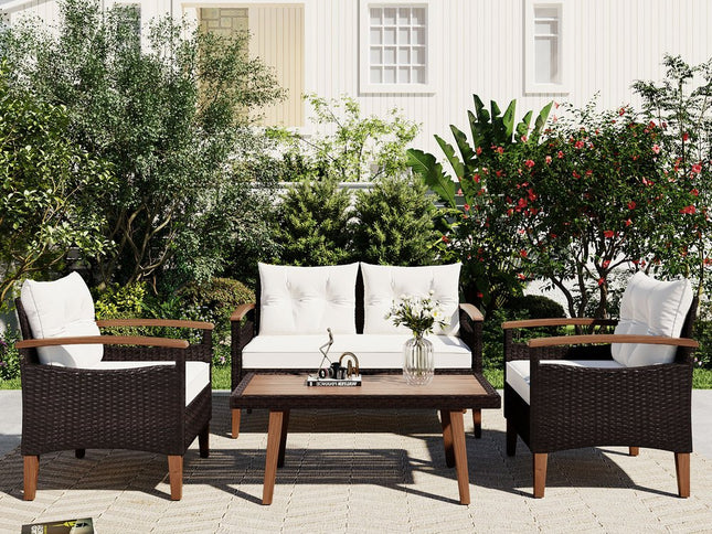 Three Piece Outdoor Beige Rattan Sofa Seating Group with Beige Cushions