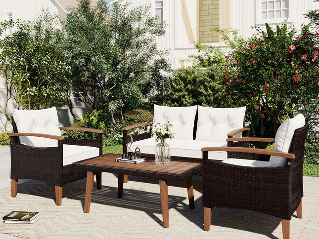 Three Piece Outdoor Beige Rattan Sofa Seating Group with Beige Cushions