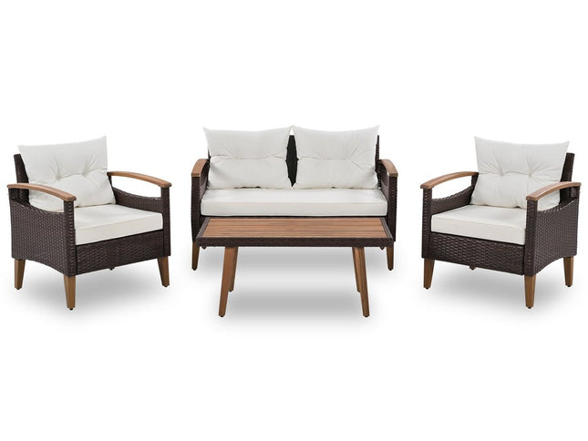 Three Piece Outdoor Beige Rattan Sofa Seating Group with Beige Cushions