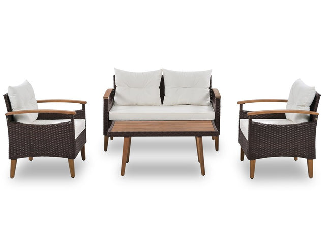 Three Piece Outdoor Beige Rattan Sofa Seating Group with Beige Cushions