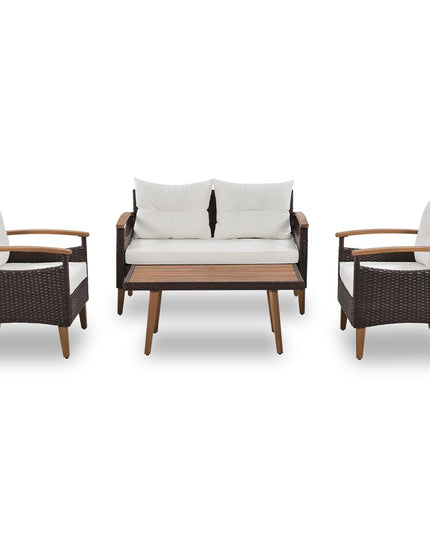 Three Piece Outdoor Beige Rattan Sofa Seating Group with Beige Cushions