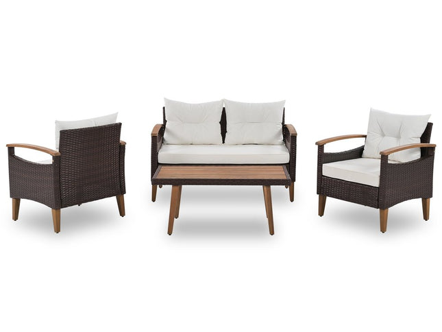 Three Piece Outdoor Beige Rattan Sofa Seating Group with Beige Cushions